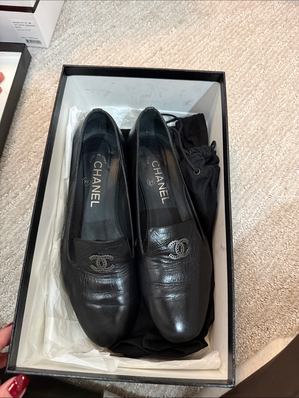 CHANEL Black Leather CC Logo Slip-On Flats